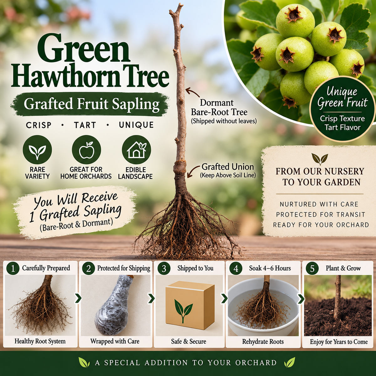 Green Hawthorn Tree - Grafted Hawthorn Sapling, Bare Root Fruit Tree