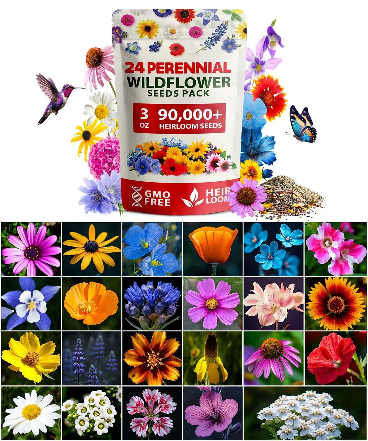 Wildflower Seeds 3oz, Non-GMO, Home Grown Mix, USA-Sourced, 90,000+ Seeds, Native Flora